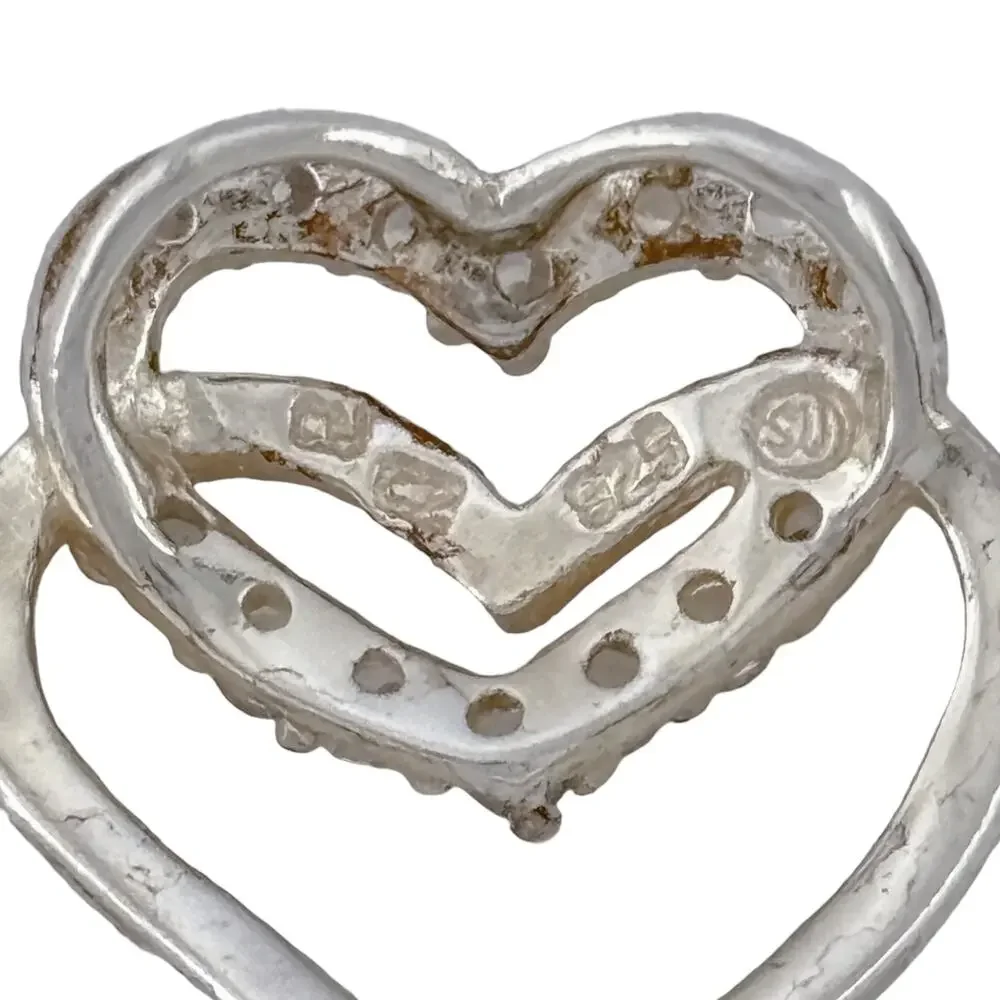 Vintage Sterling Silver 925 Cubic Zirconia Double Heart Pendant